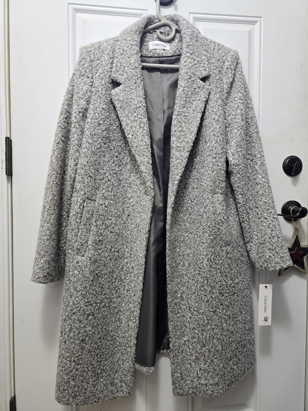 Calvin Klein Light Gray Bouclé Long Coat - Size 16